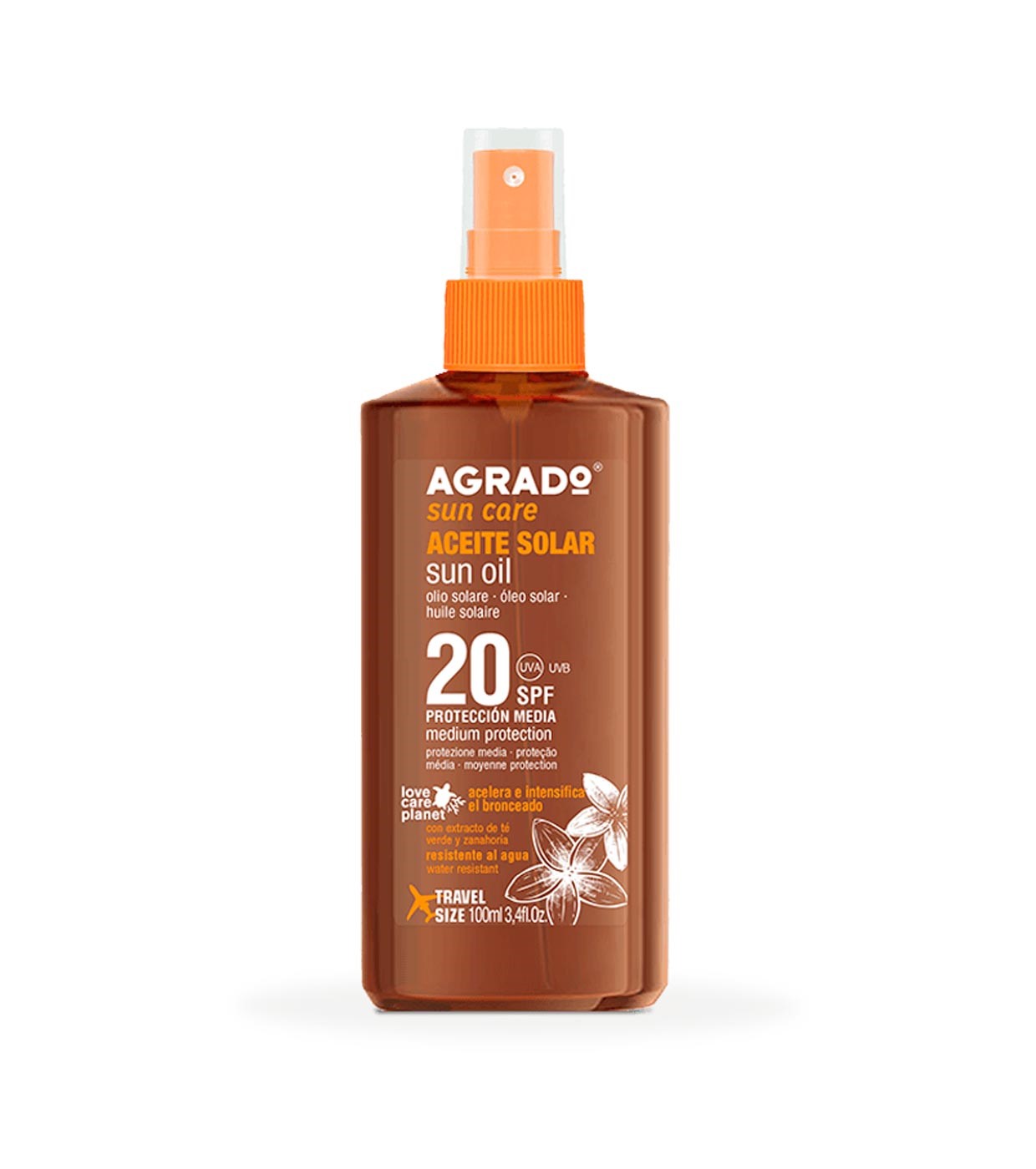 BRONCEADOR AGRADO ACEITE SOLAR SPF-20 SPRAY 100ML