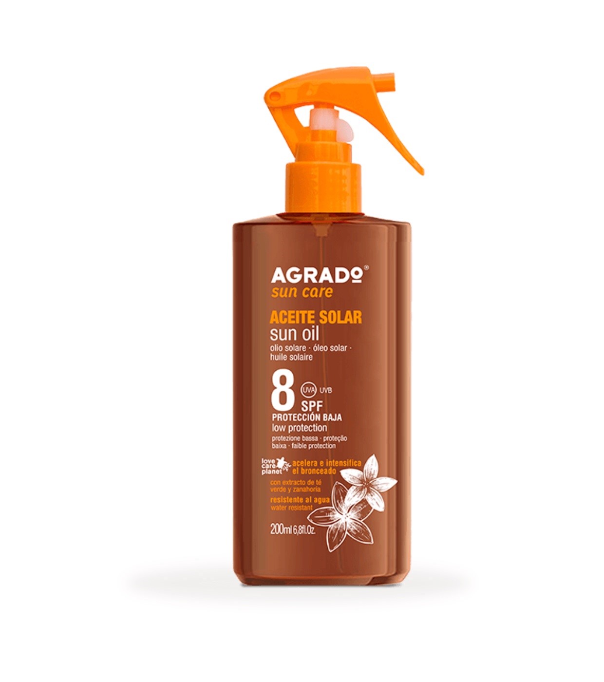 BRONCEADOR AGRADO ACEITE SOLAR SPF-8 PISTOLA 200ML